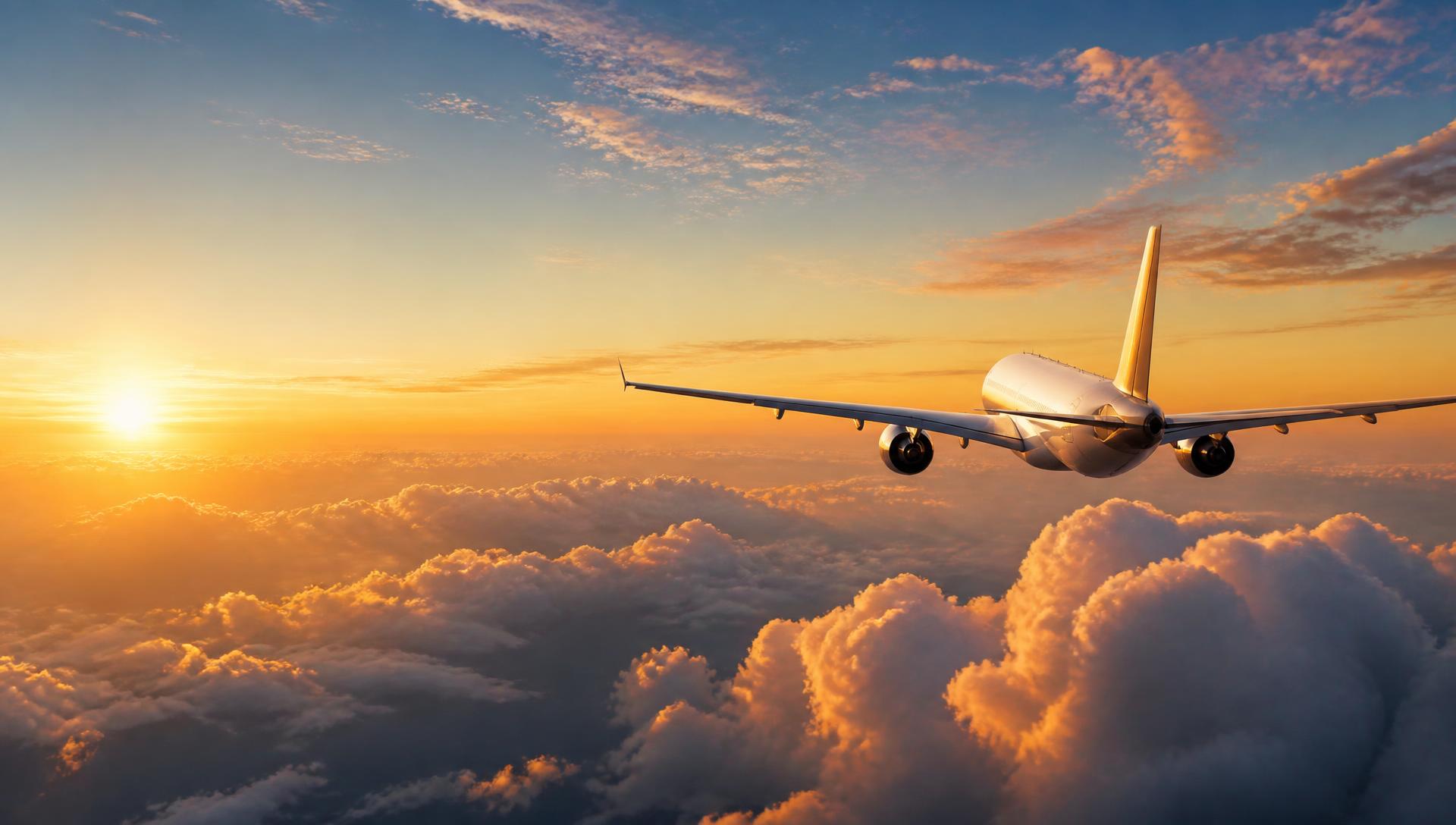 Commercial airplane flying above golden clouds at sunset