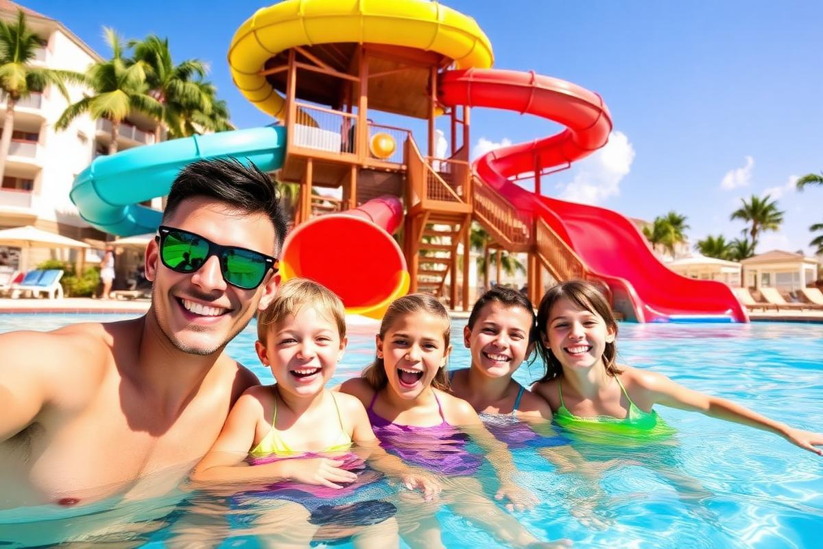 Family enjoying an all-inclusive resort pool with water slides